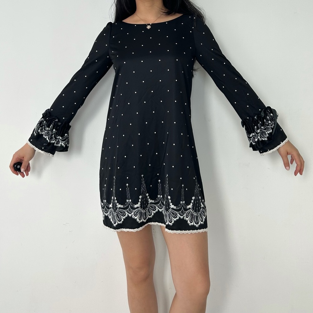 BNWT Snidel Black Boat Neck Polka Dot Printed Bell Sleeve Mini Dress - X-Small/S